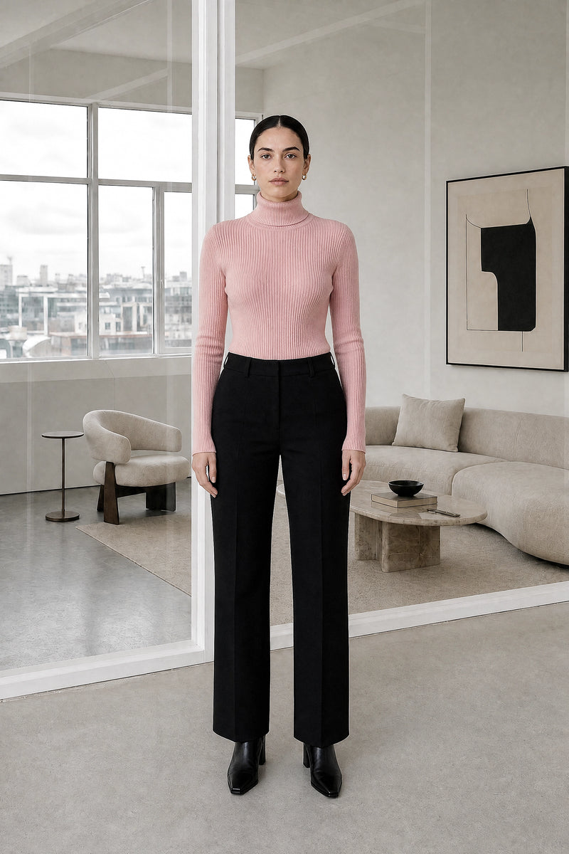 Bonnie | Ribbed Turtleneck Sweater in Pink, studio front view