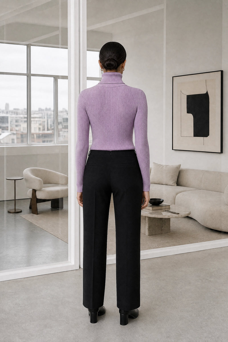 Bonnie | Ribbed Turtleneck Sweater in Purple, studio back view