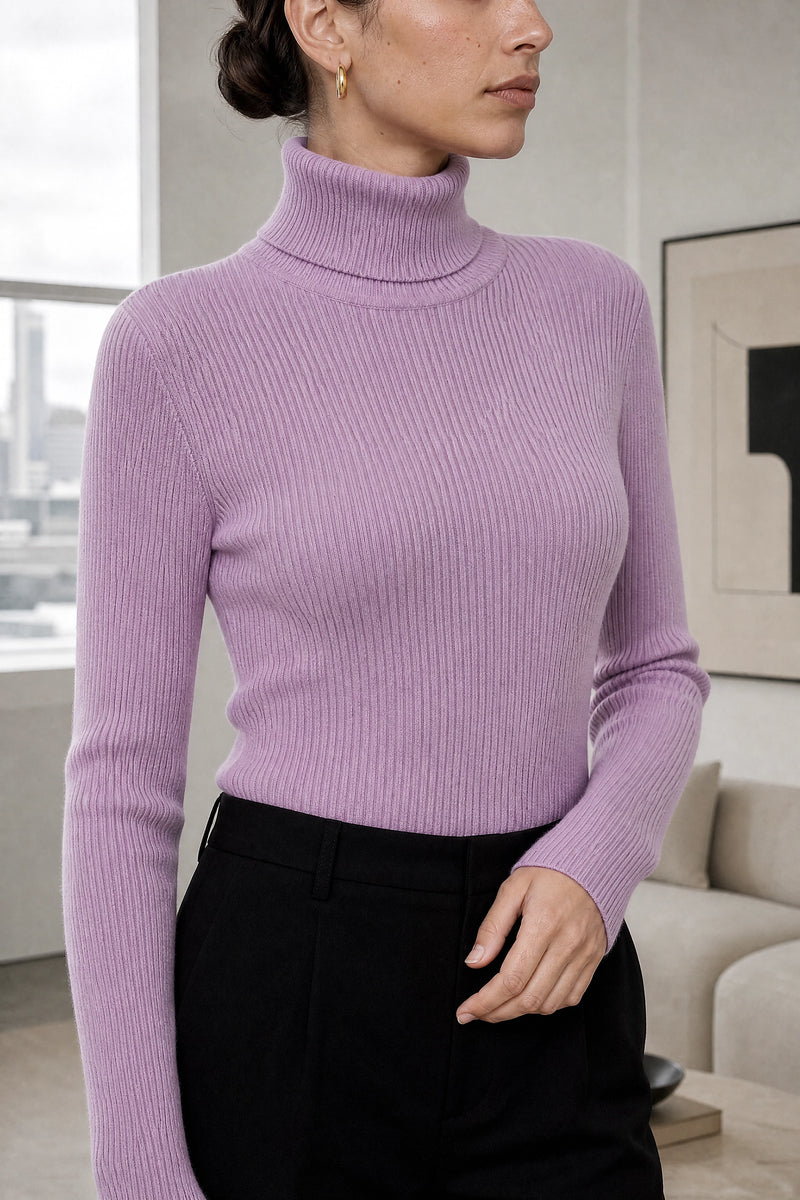 Bonnie | Ribbed Turtleneck Sweater in Purple, fabric close-up
