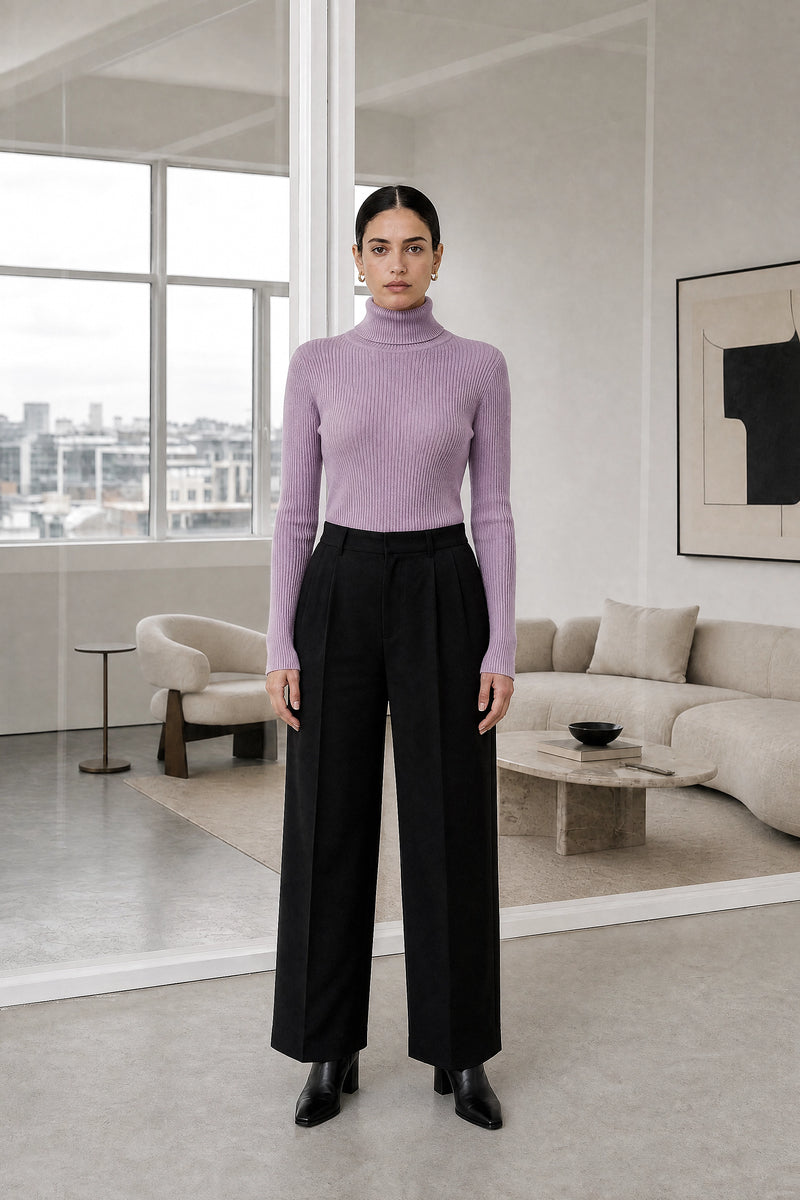 Bonnie | Ribbed Turtleneck Sweater in Purple, studio front view