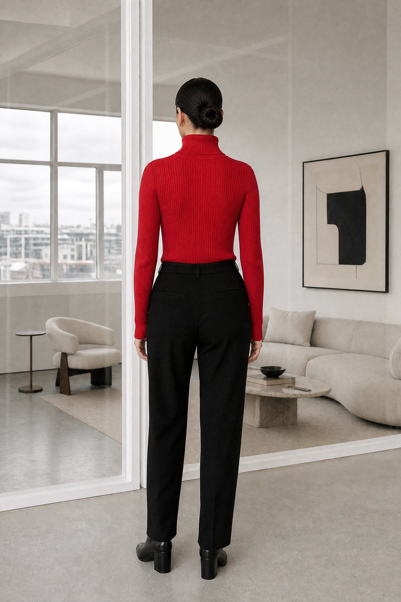 Bonnie | Ribbed Turtleneck Sweater in Red, studio back view