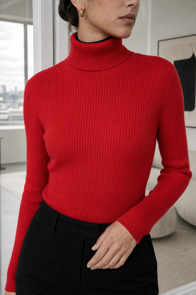 Bonnie | Ribbed Turtleneck Sweater in Red, fabric close-up