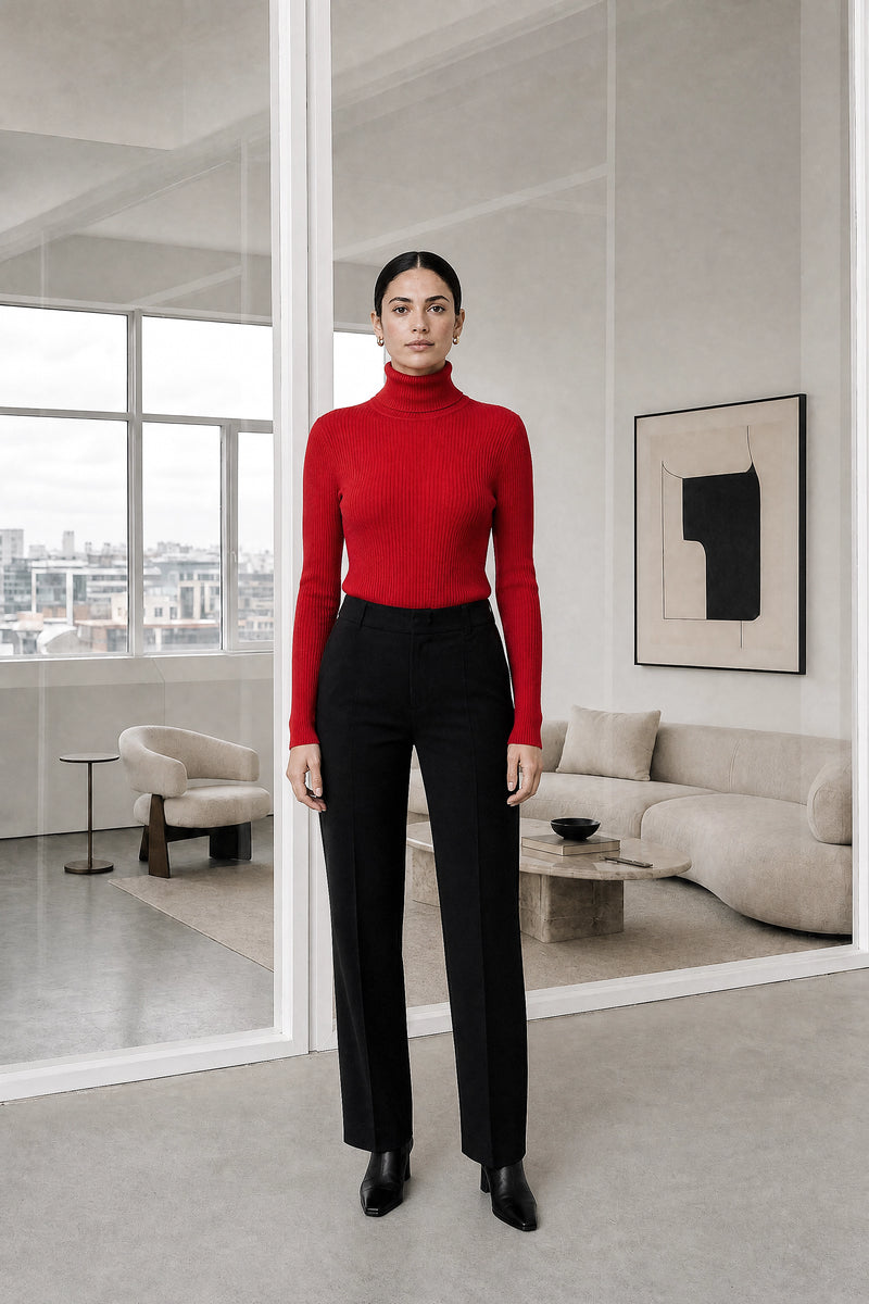 Bonnie | Ribbed Turtleneck Sweater in Red, studio front view