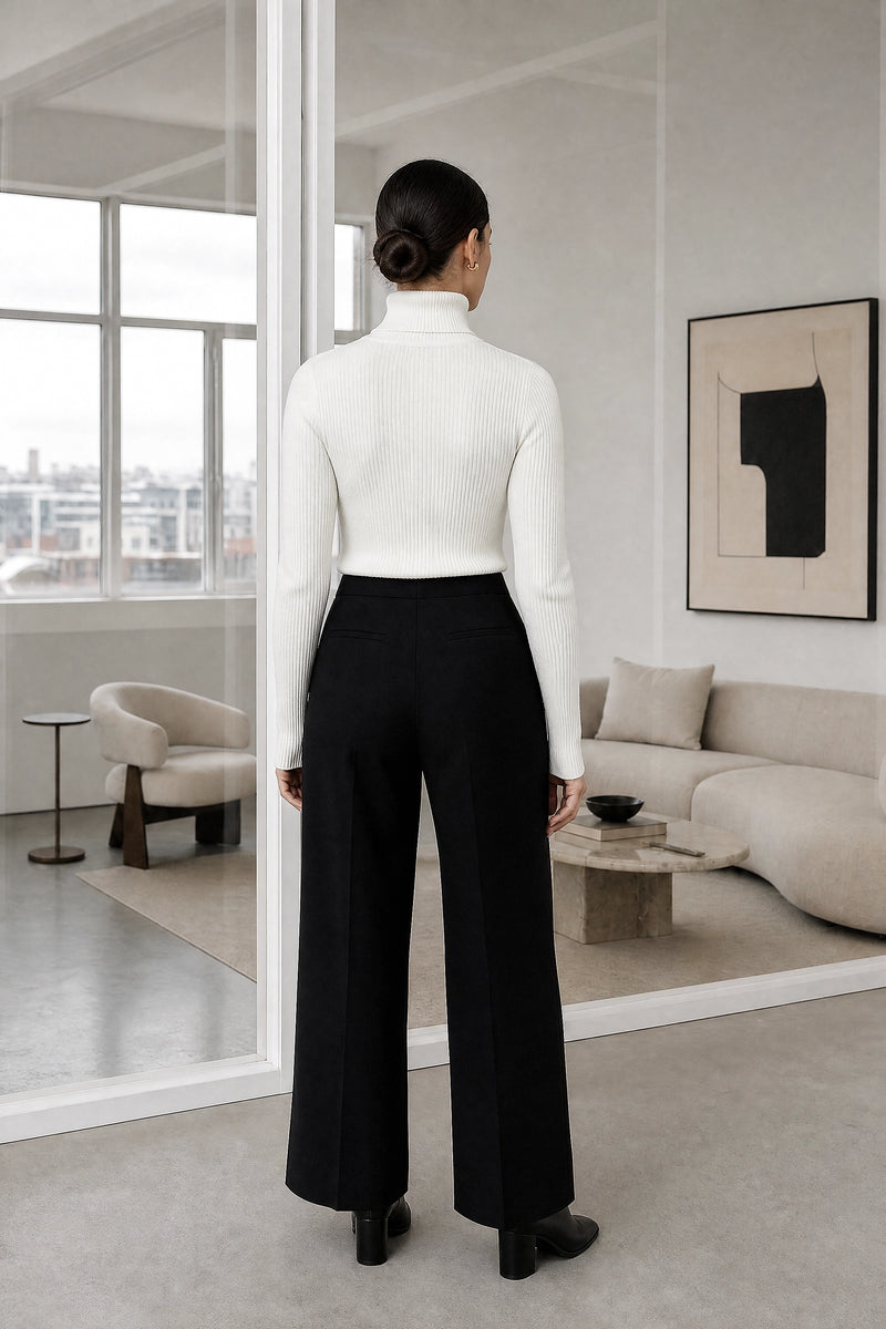 Bonnie | Ribbed Turtleneck Sweater in White, studio back view