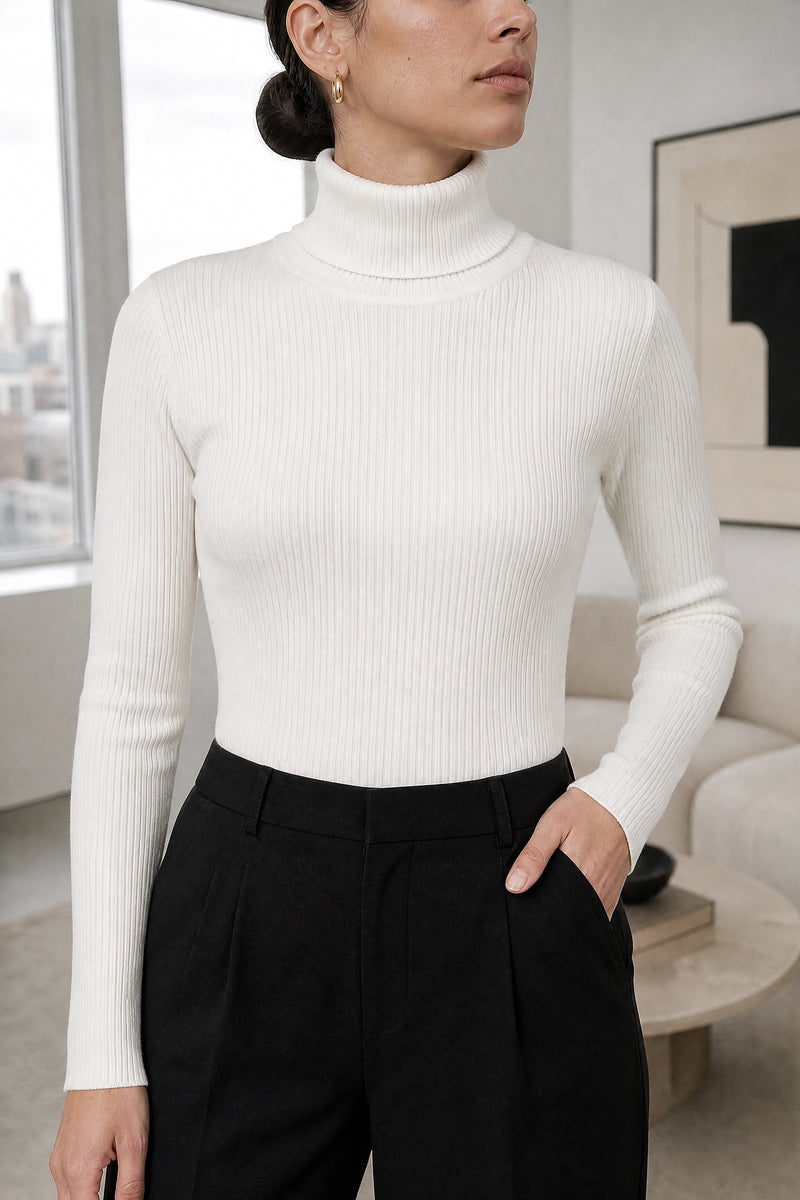 Bonnie | Ribbed Turtleneck Sweater in White, fabric close-up