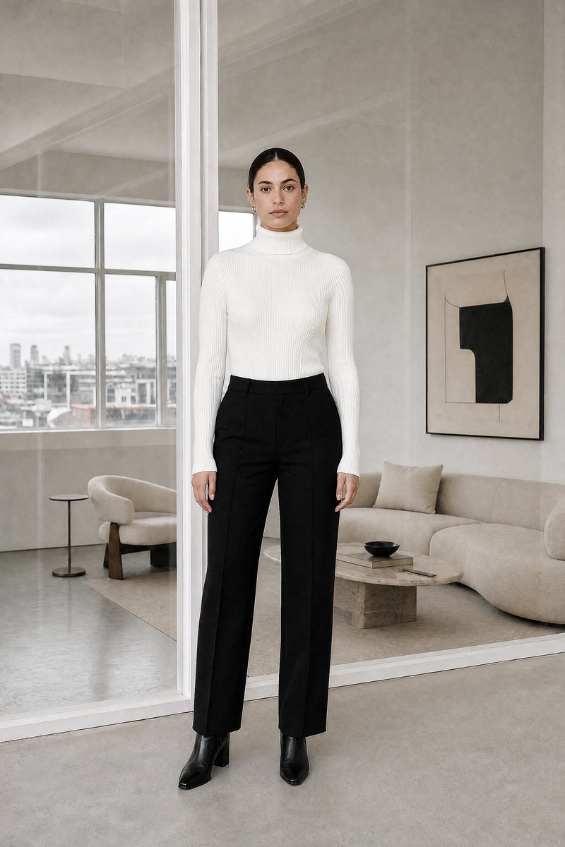 Bonnie | Ribbed Turtleneck Sweater in White, studio front view