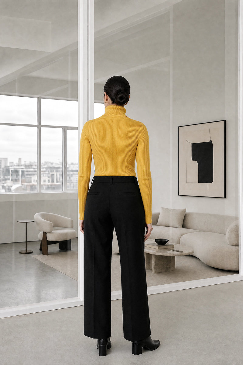 Bonnie | Ribbed Turtleneck Sweater in Yellow, studio back view