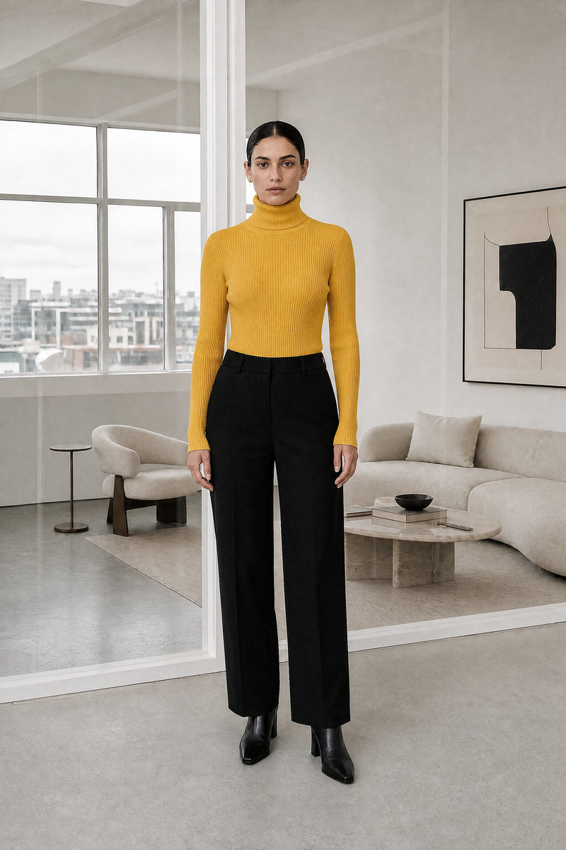 Bonnie | Ribbed Turtleneck Sweater in Yellow, studio front view