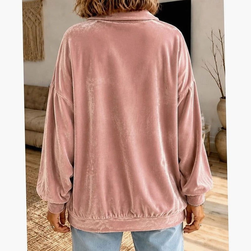 Velvet Collared Sweatshirt for Women with Button Placket and Relaxed Fit in Pink, back view