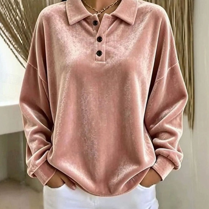 Velvet Collared Sweatshirt for Women with Button Placket and Relaxed Fit in Pink, close front view