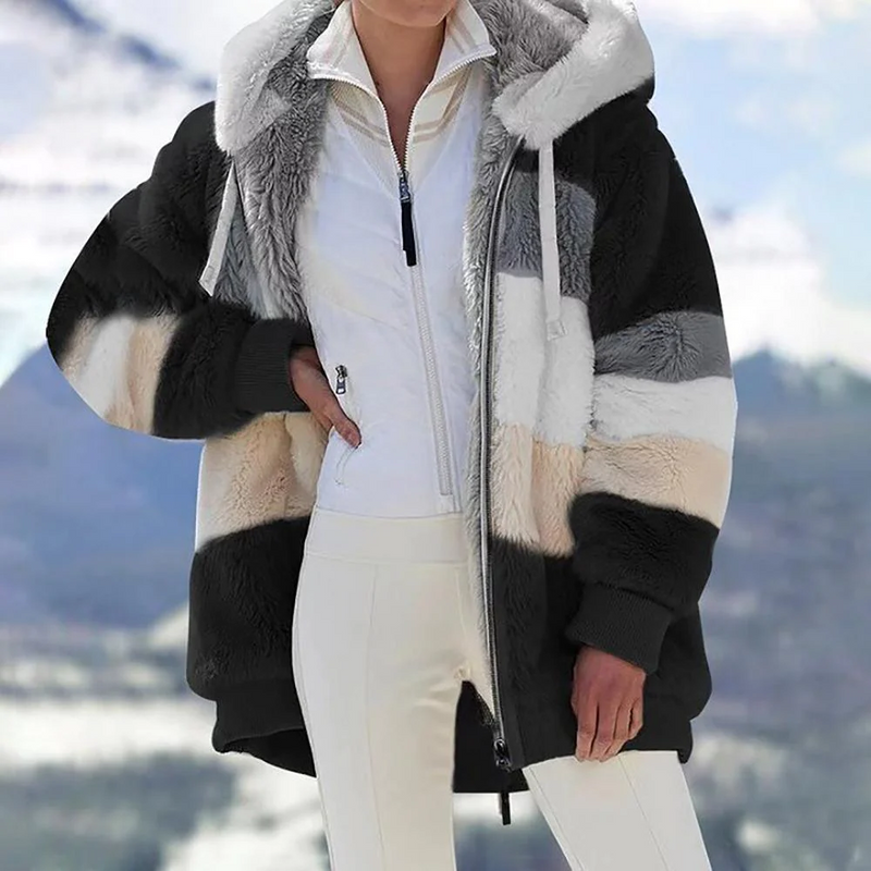 Color Block Teddy Jacket for Women with Hood and Zip Front in Black, front view
