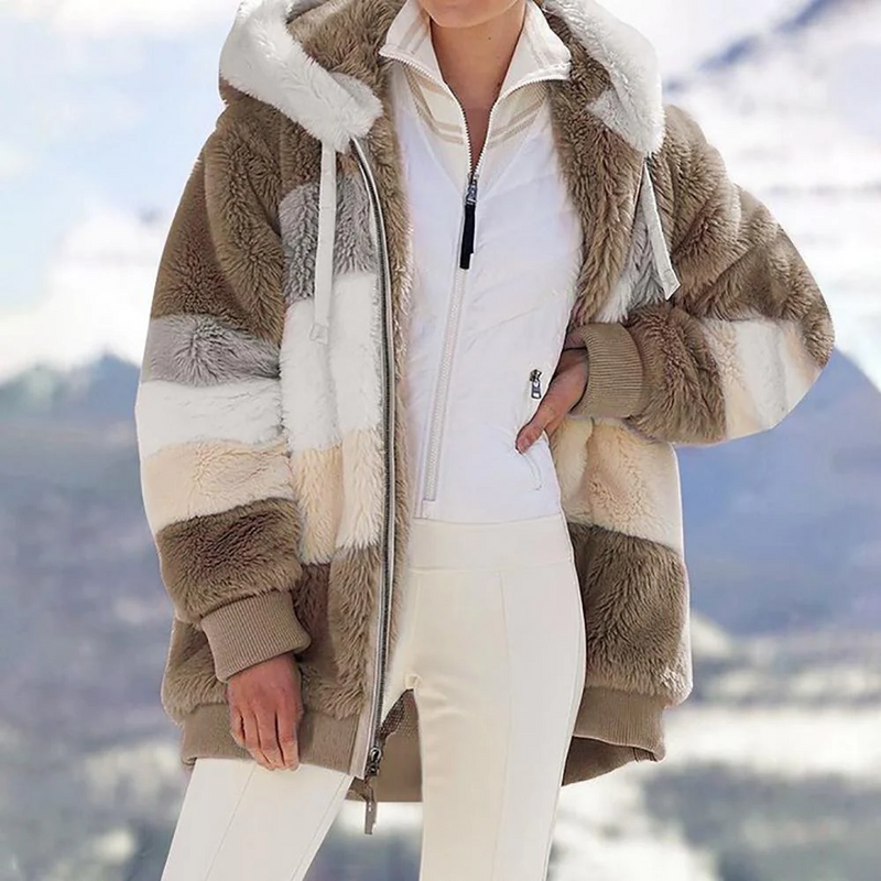 Color Block Teddy Jacket for Women with Hood and Zip Front in Brown, front view