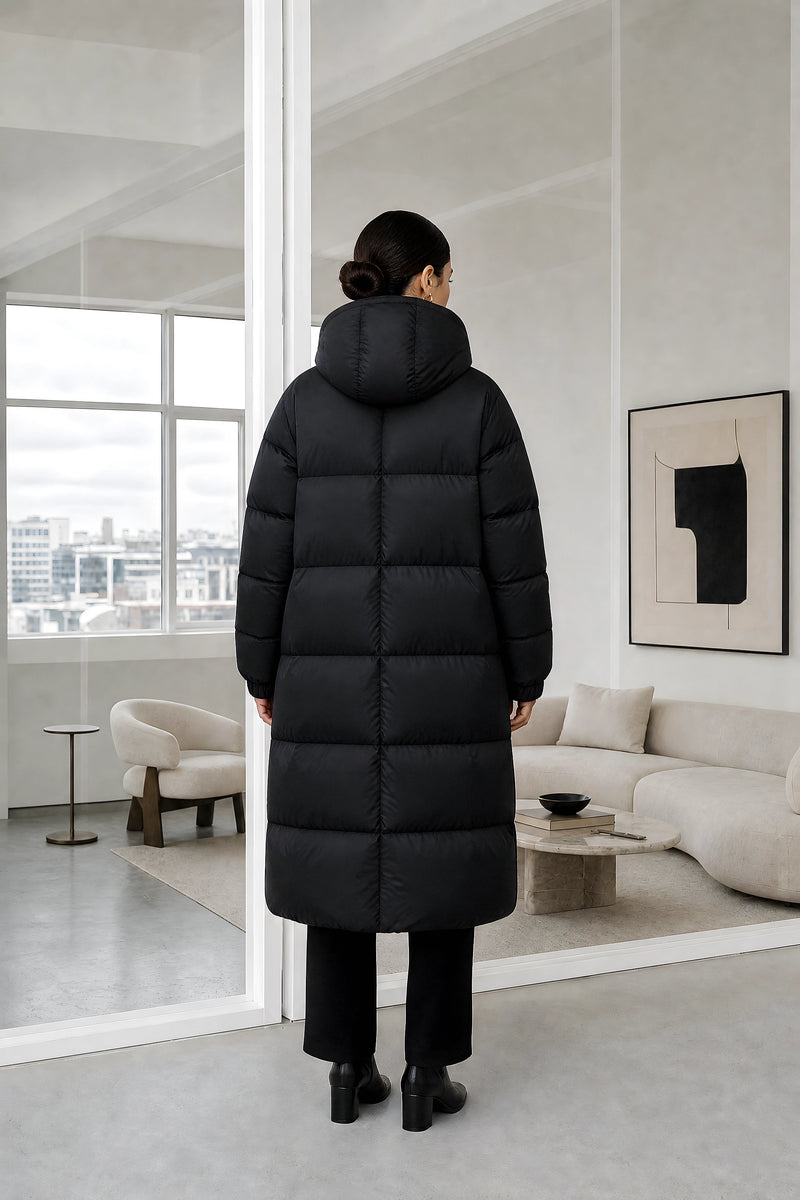 Brenna | Quilted Winter Coat in Black, studio back view