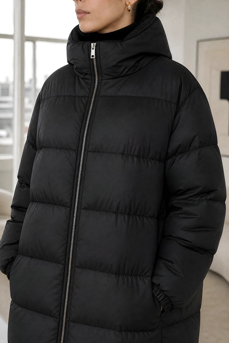 Brenna | Quilted Winter Coat in Black, studio close-up view