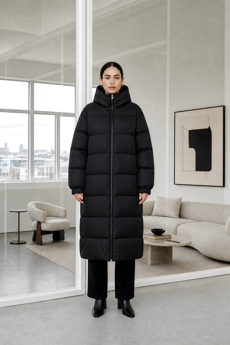 Brenna | Quilted Winter Coat in Black, studio front view