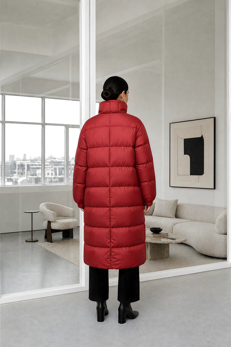 Brenna | Quilted Winter Coat in Red, studio back view
