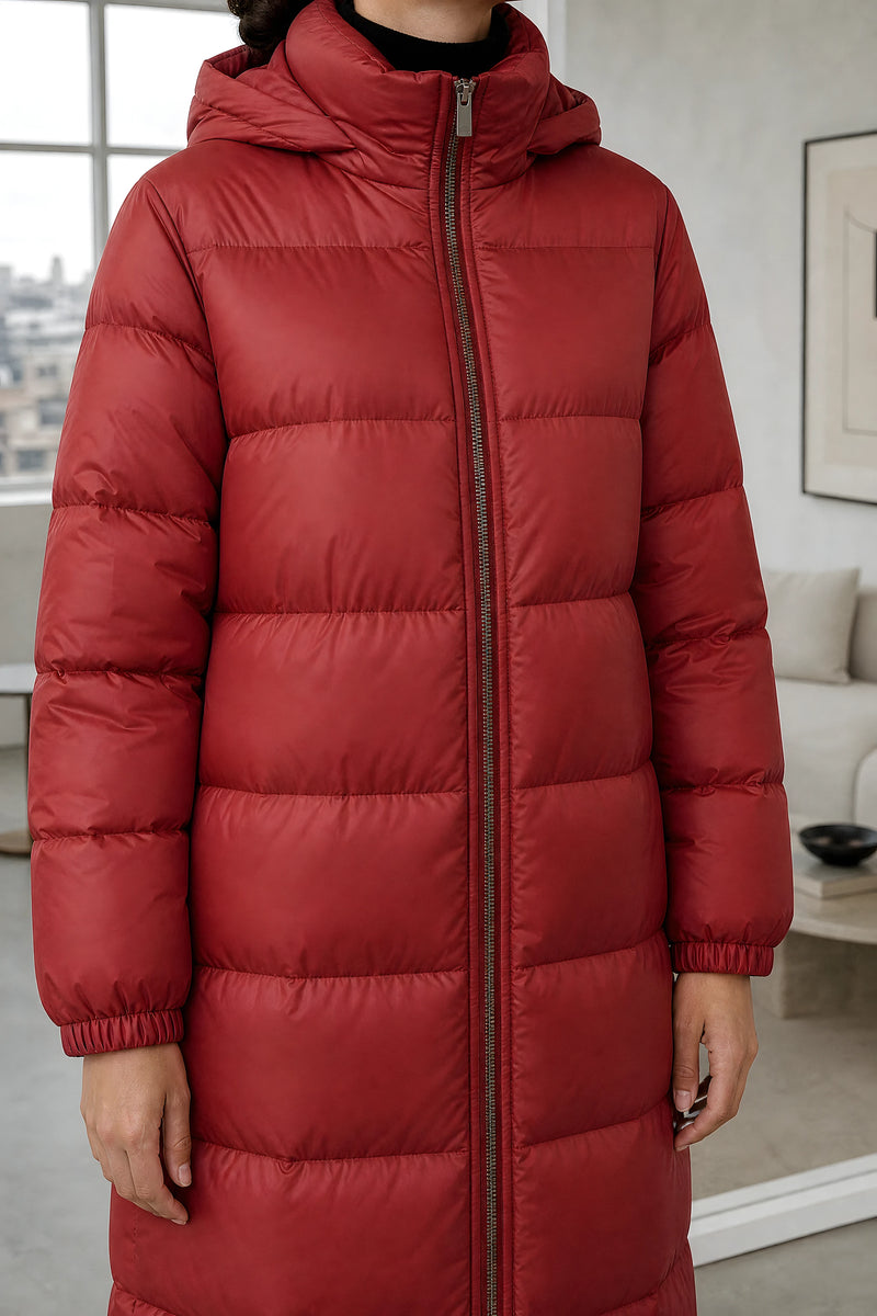 Brenna | Quilted Winter Coat in Red, studio close-up view
