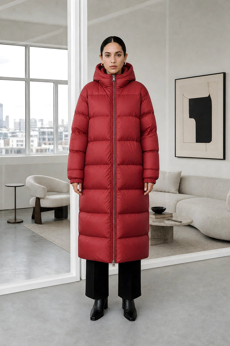 Brenna | Quilted Winter Coat in Red, studio front view