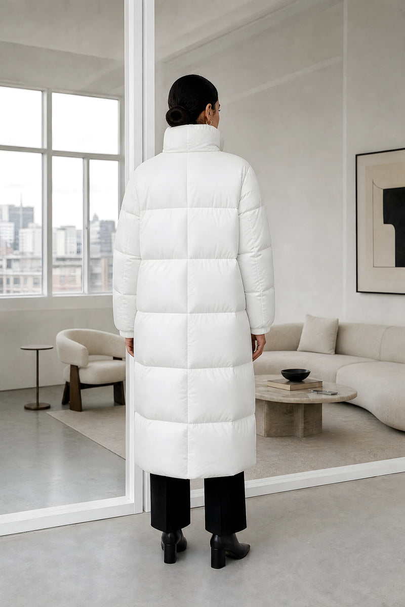 Brenna | Quilted Winter Coat in White, studio back view