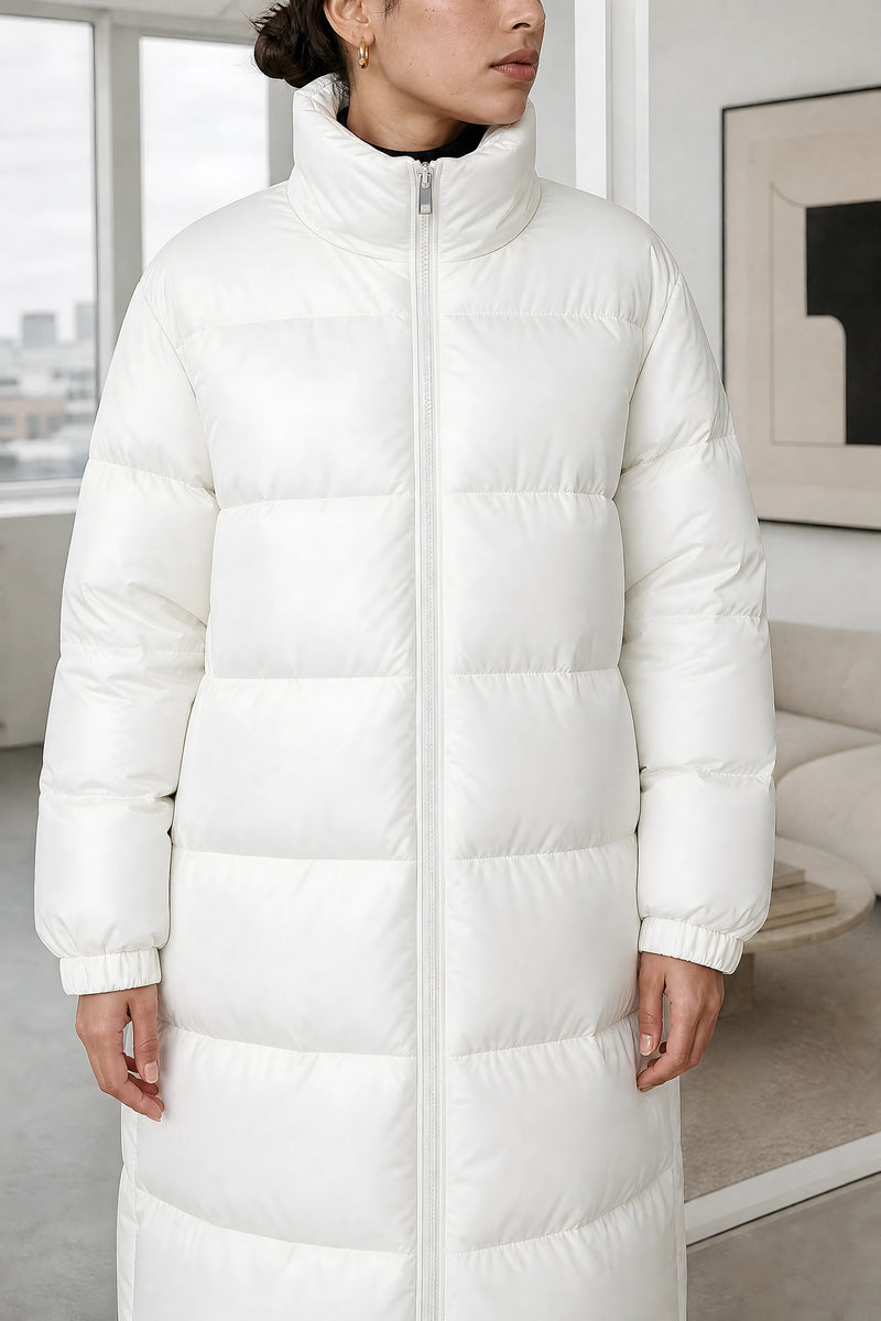 Brenna | Quilted Winter Coat in White, studio close-up view