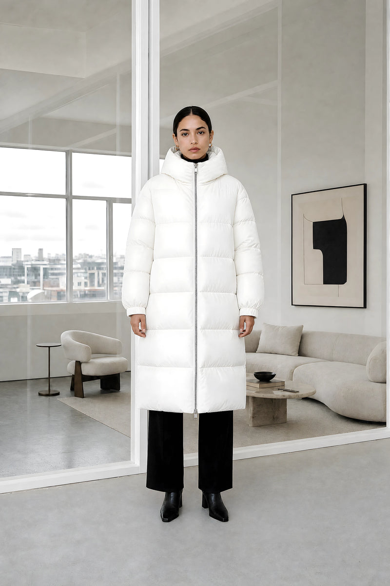 Brenna | Quilted Winter Coat in White, studio front view