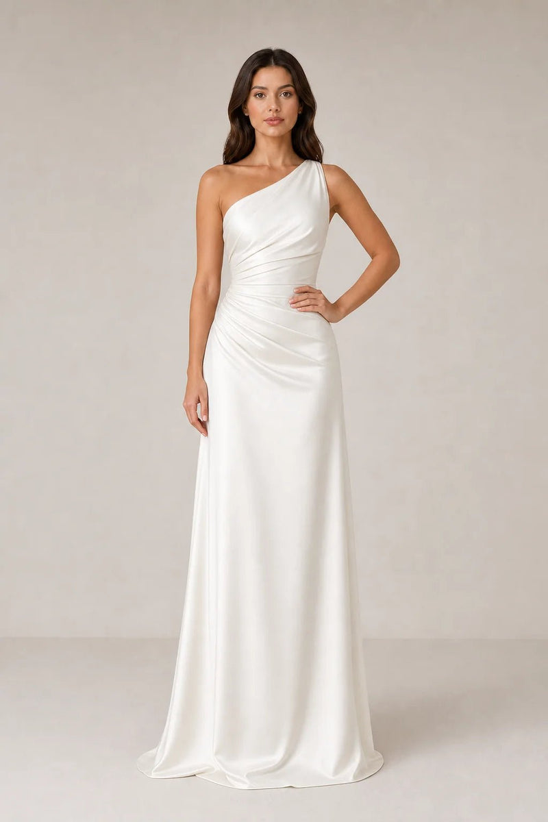 Sofaine Bridget one-shoulder ruched satin maxi dress in ivory white, worn front view