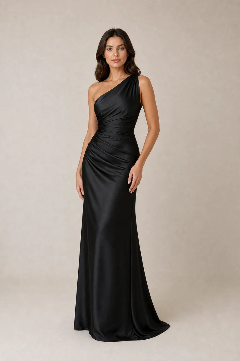 Sofaine Bridget one-shoulder ruched satin maxi dress in black, worn front view