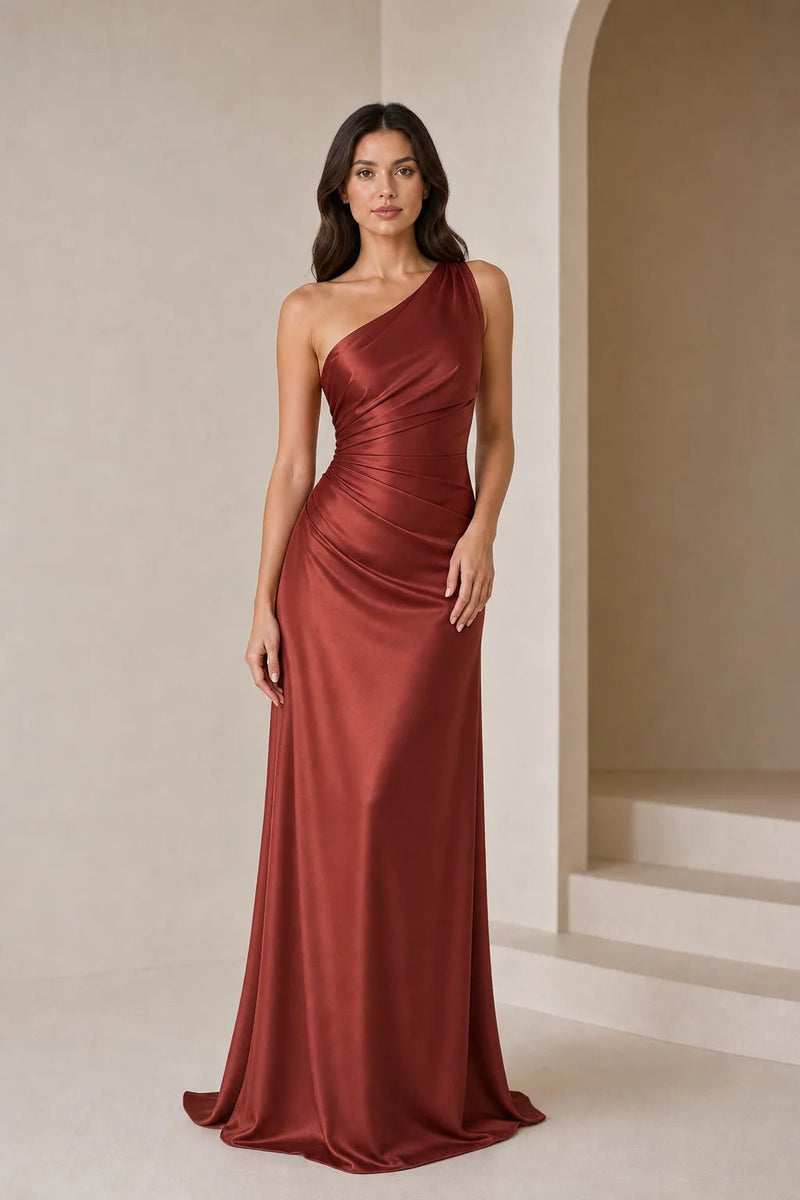 Sofaine Bridget one-shoulder ruched satin maxi dress in terracotta rust, worn front view