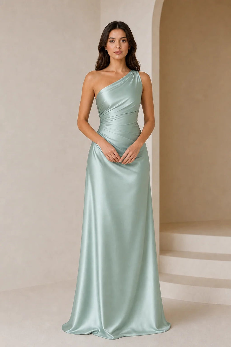 Sofaine Bridget one-shoulder ruched satin maxi dress in sage green, worn front view