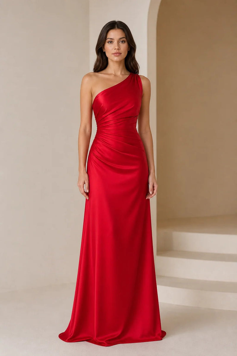Sofaine Bridget one-shoulder ruched satin maxi dress in red, worn front view