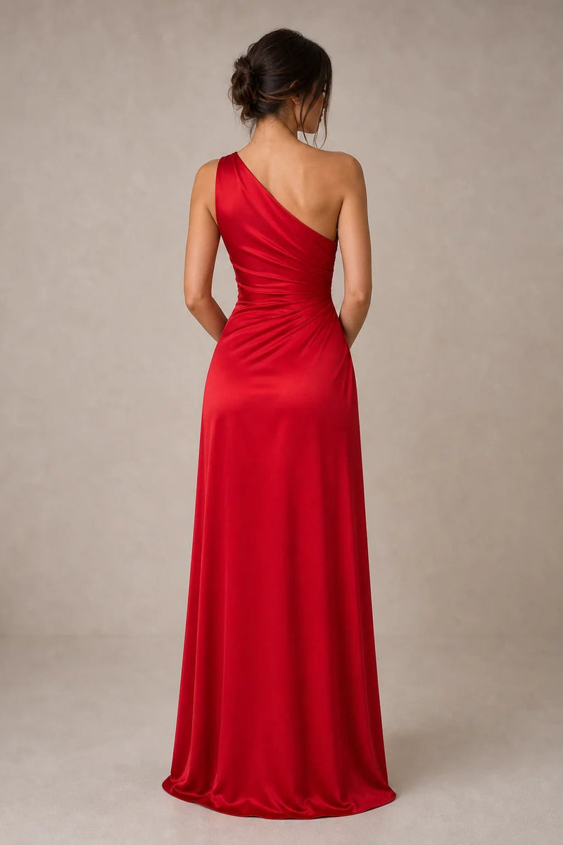 Sofaine Bridget one-shoulder satin maxi dress in red, back view with low bun