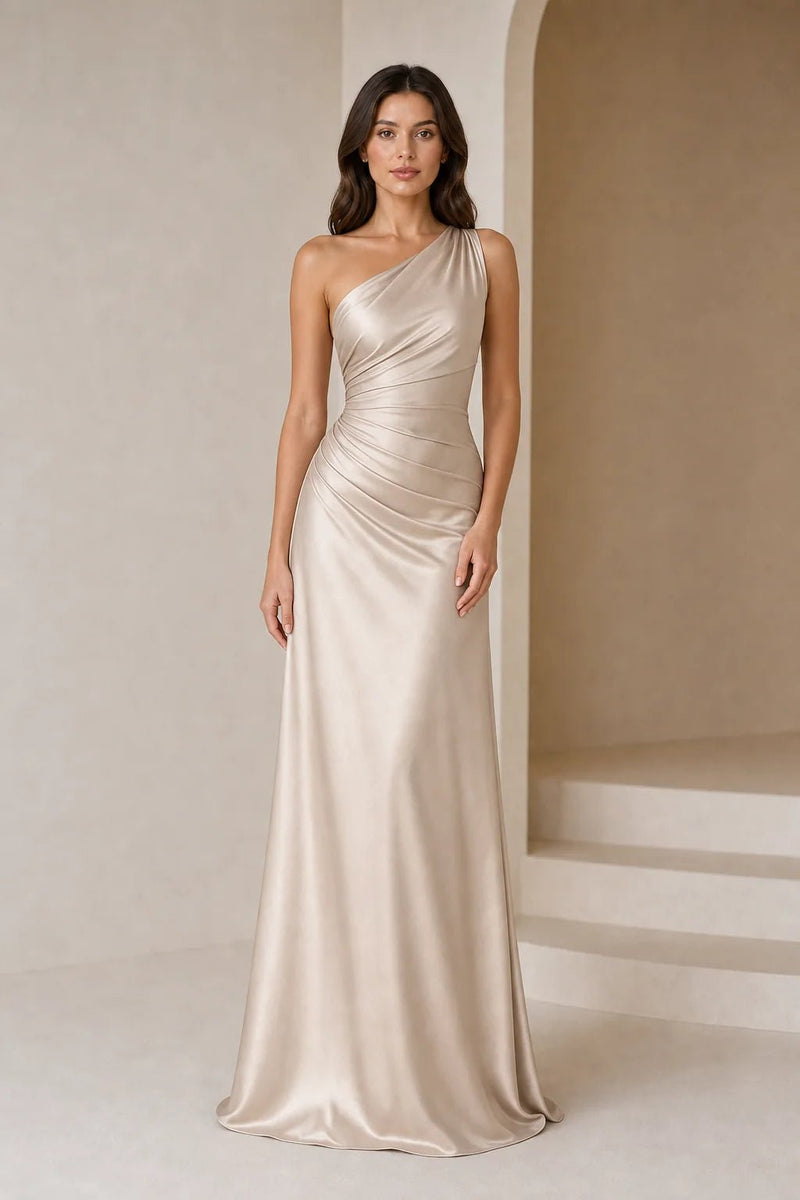 Sofaine Bridget one-shoulder ruched satin maxi dress in champagne, worn front view