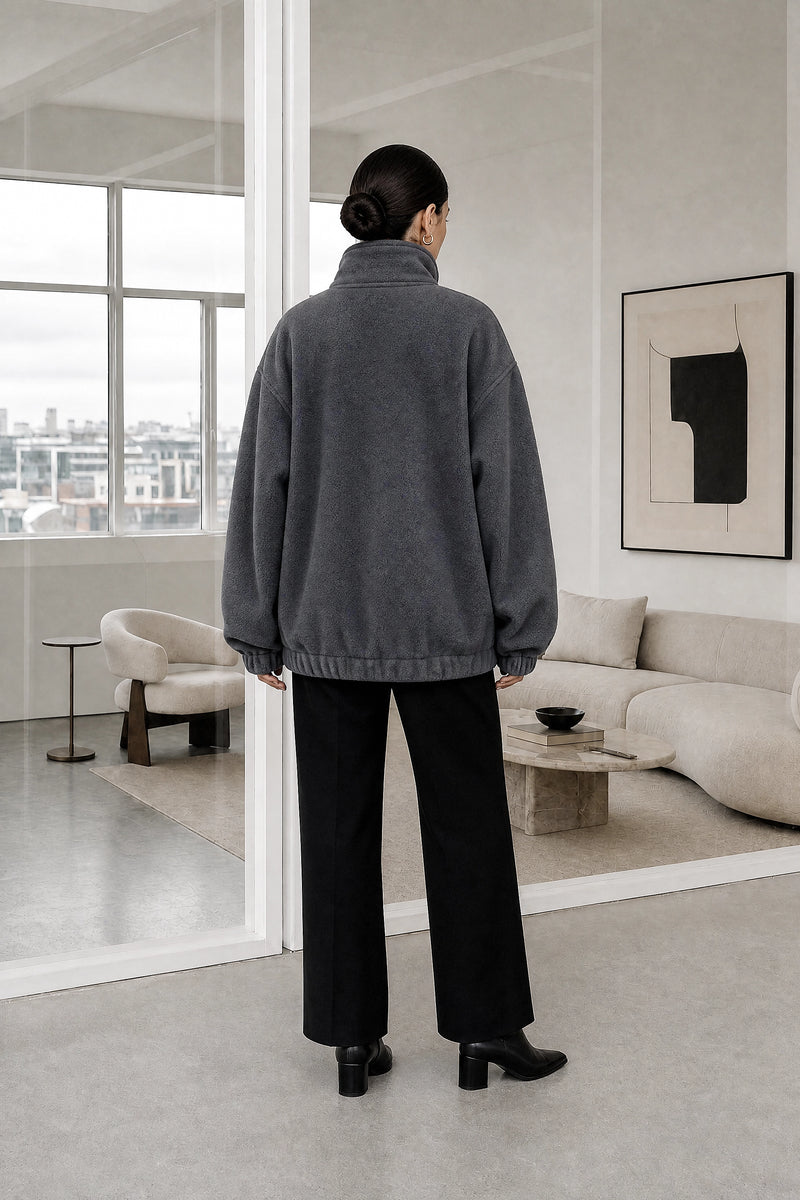 Brielle | Zip-Up Jacket in Gray, studio back view