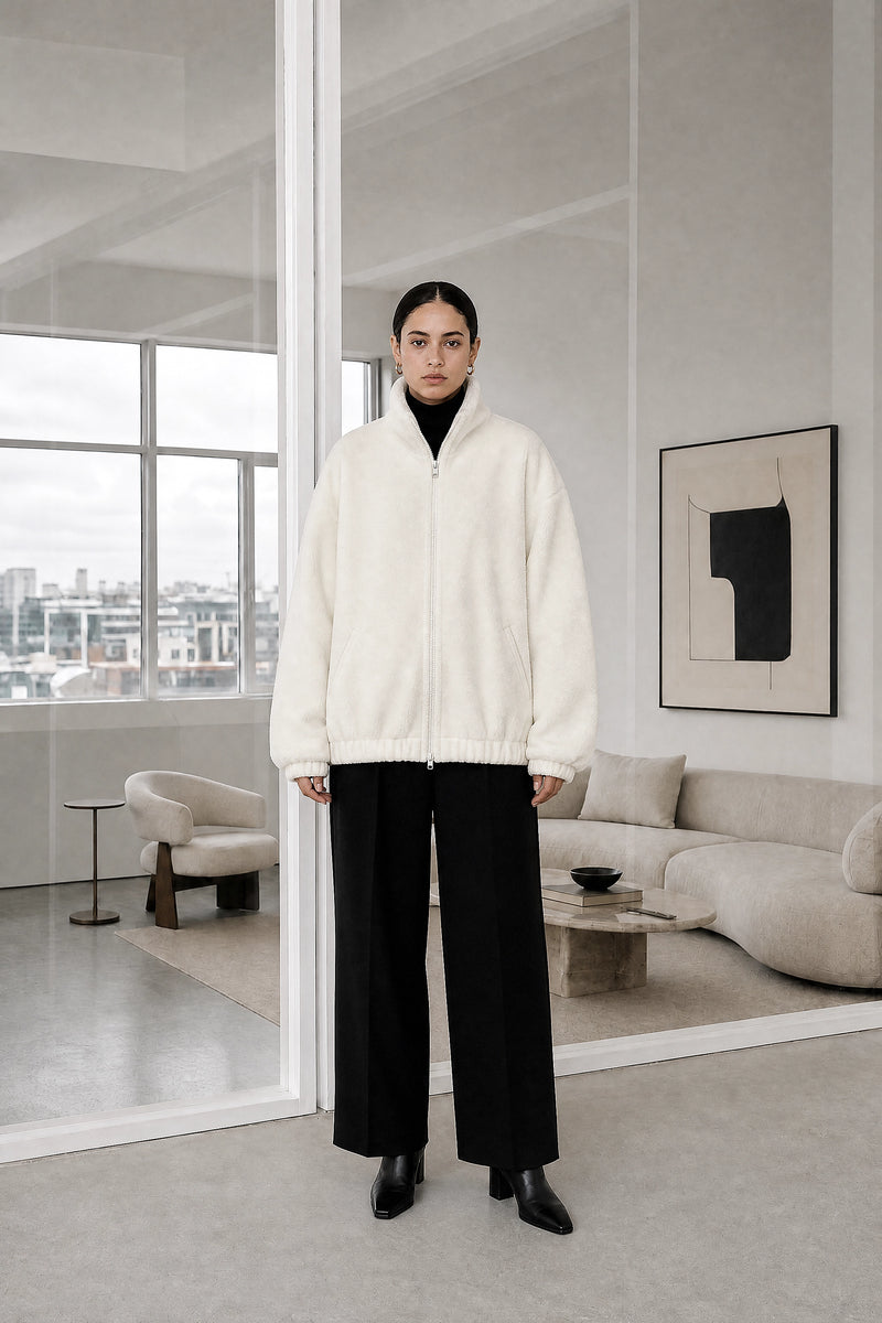 Brielle | Zip-Up Jacket in White, studio front view