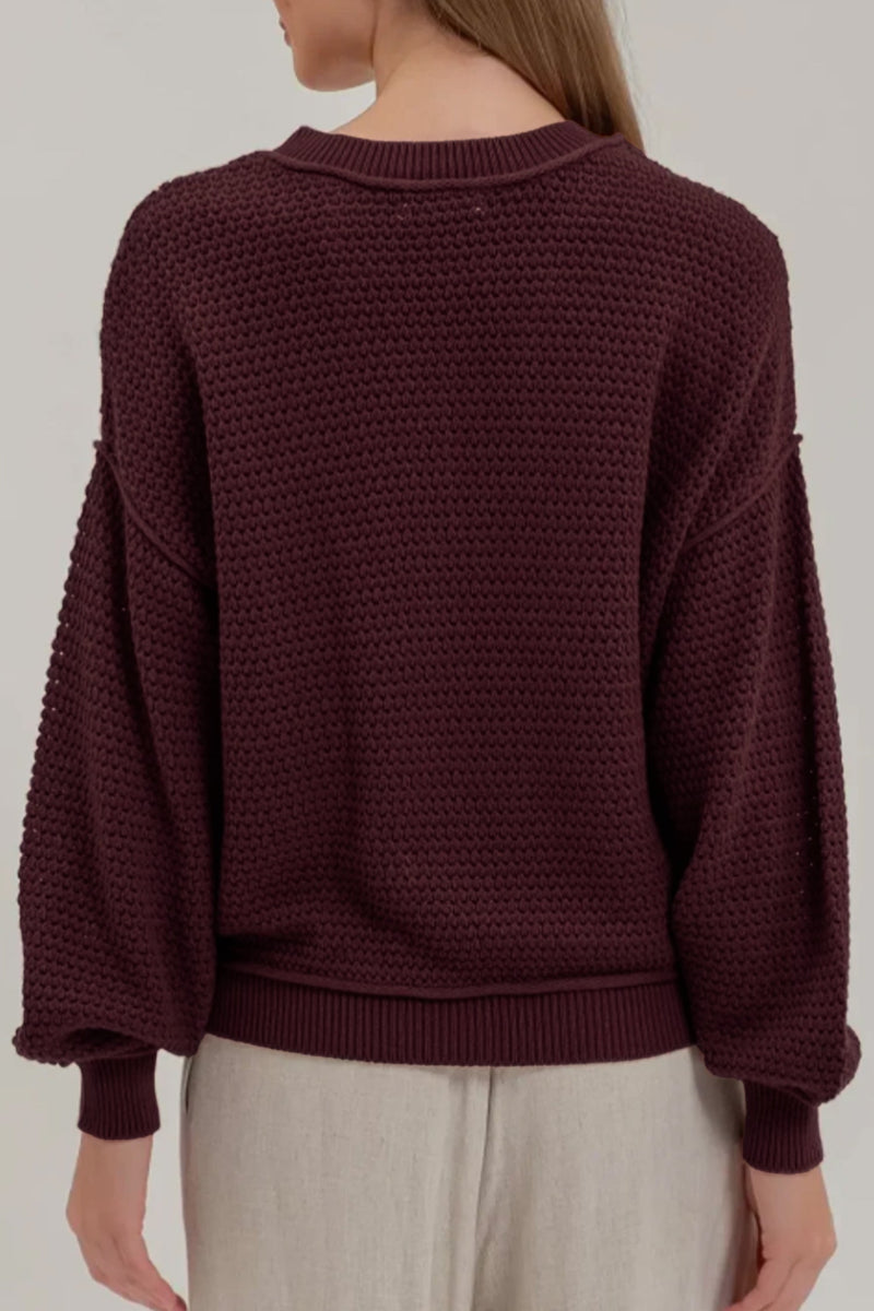 Oversized Checkered Sweater for Women with Balloon Sleeves in Brown, back view