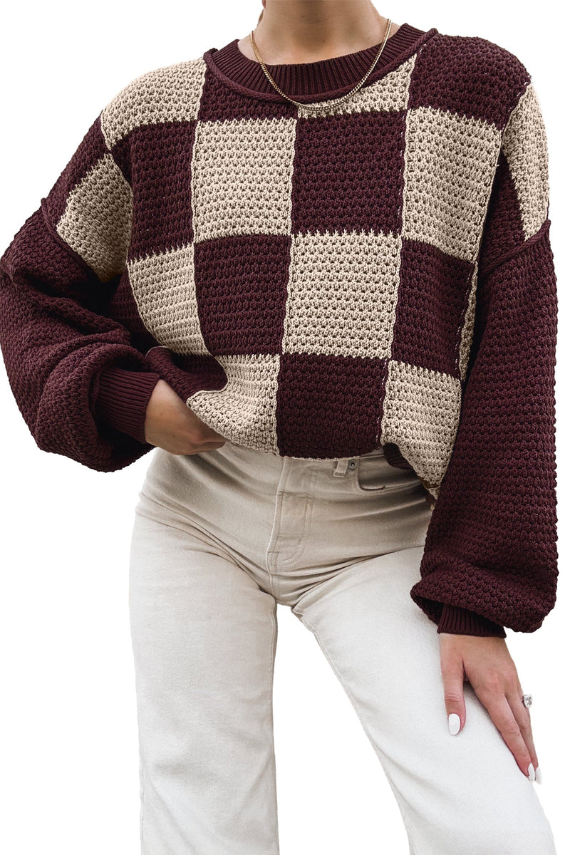 Oversized Checkered Sweater for Women with Balloon Sleeves in Brown, styled view