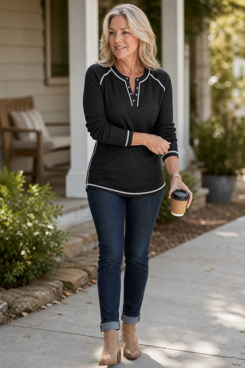 Waffle Knit Henley Top for Women with Contrast Stitching and Long Sleeves in Black, full-length view