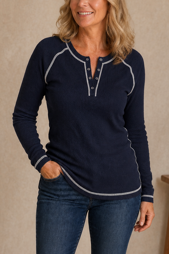 Waffle Knit Henley Top for Women with Contrast Stitching and Long Sleeves in Navy Blue, front view