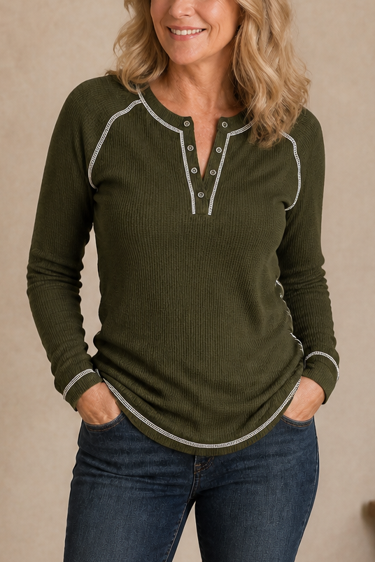 Waffle Knit Henley Top for Women with Contrast Stitching and Long Sleeves in Olive, front view