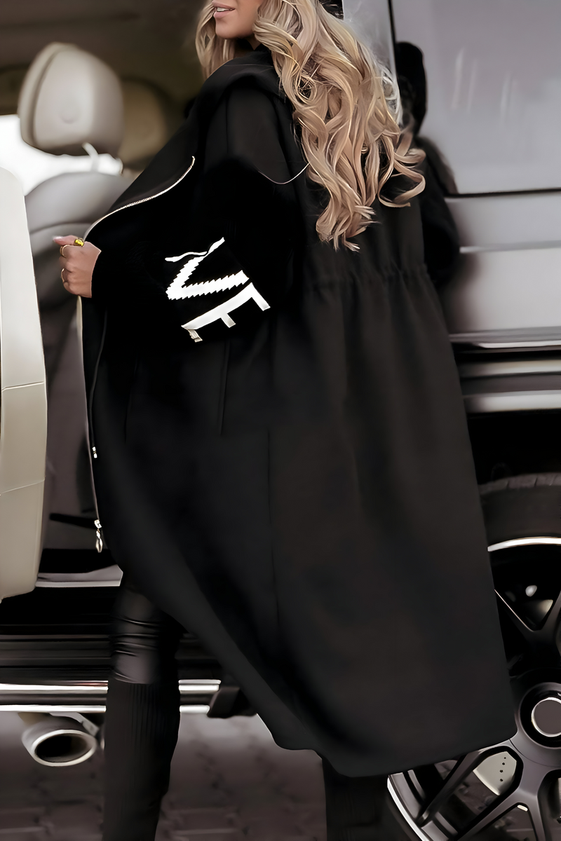 Long Hooded Coat for Women with Knit Sleeves and Zip Front in Black, back view