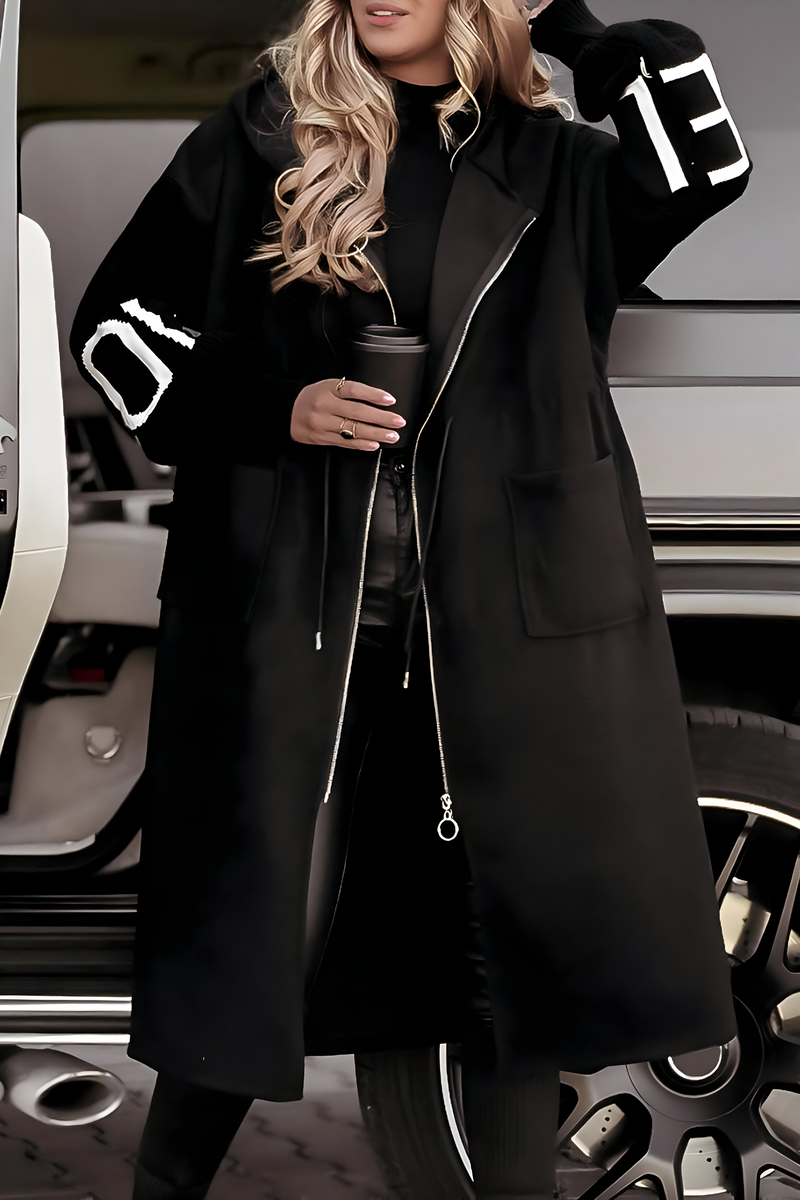 Long Hooded Coat for Women with Knit Sleeves and Zip Front in Black, full-length view