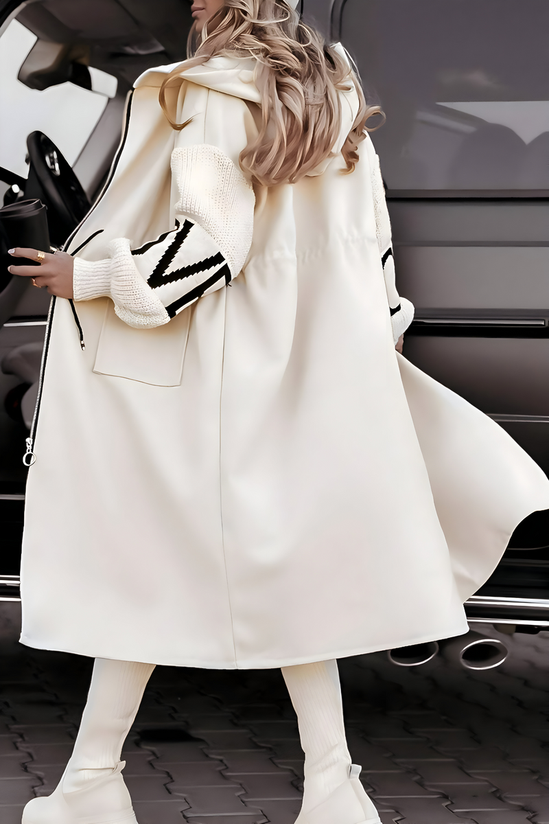 Long Hooded Coat for Women with Knit Sleeves and Zip Front in White, back view