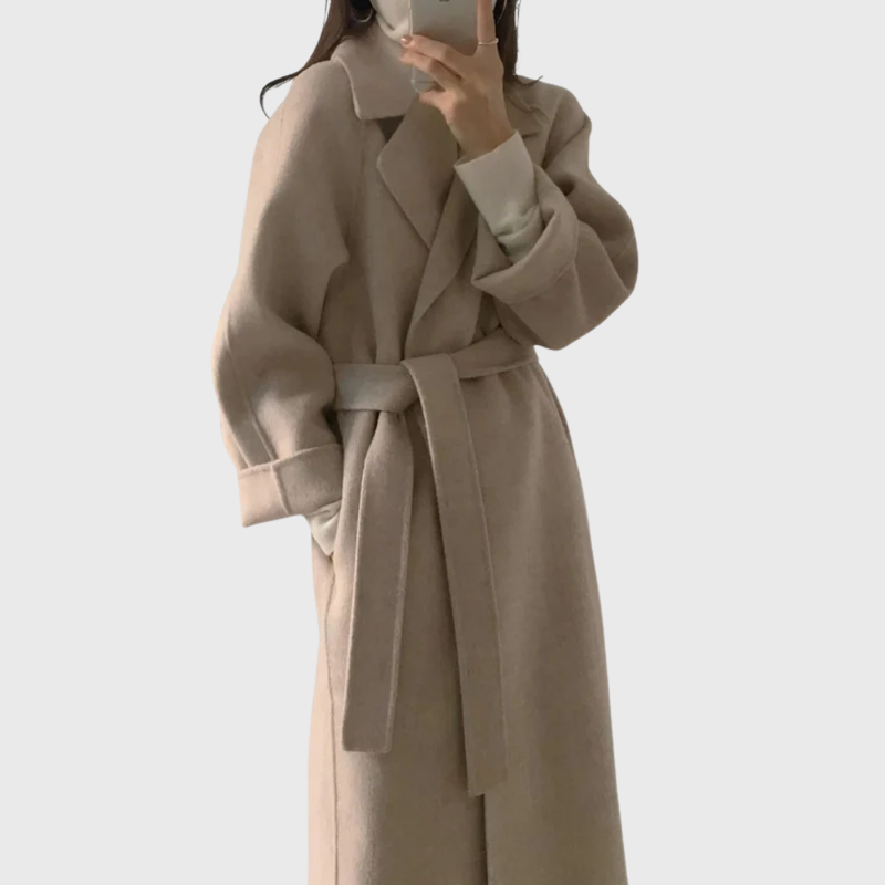 Long Wool-Look Wrap Coat for Women with Tie Belt and Wide Lapels in Beige, front view