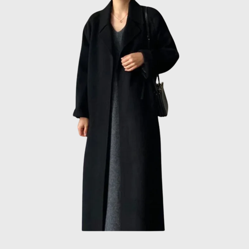 Long Wool-Look Wrap Coat for Women with Tie Belt and Wide Lapels in Black, front view