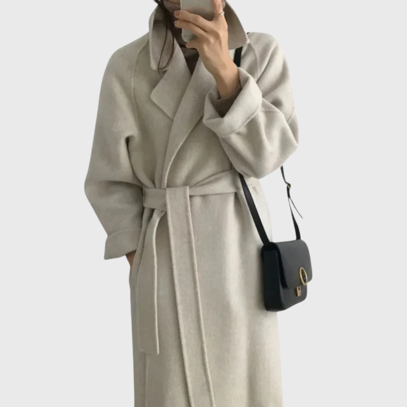 Long Wool-Look Wrap Coat for Women with Tie Belt and Wide Lapels in Cream, front view