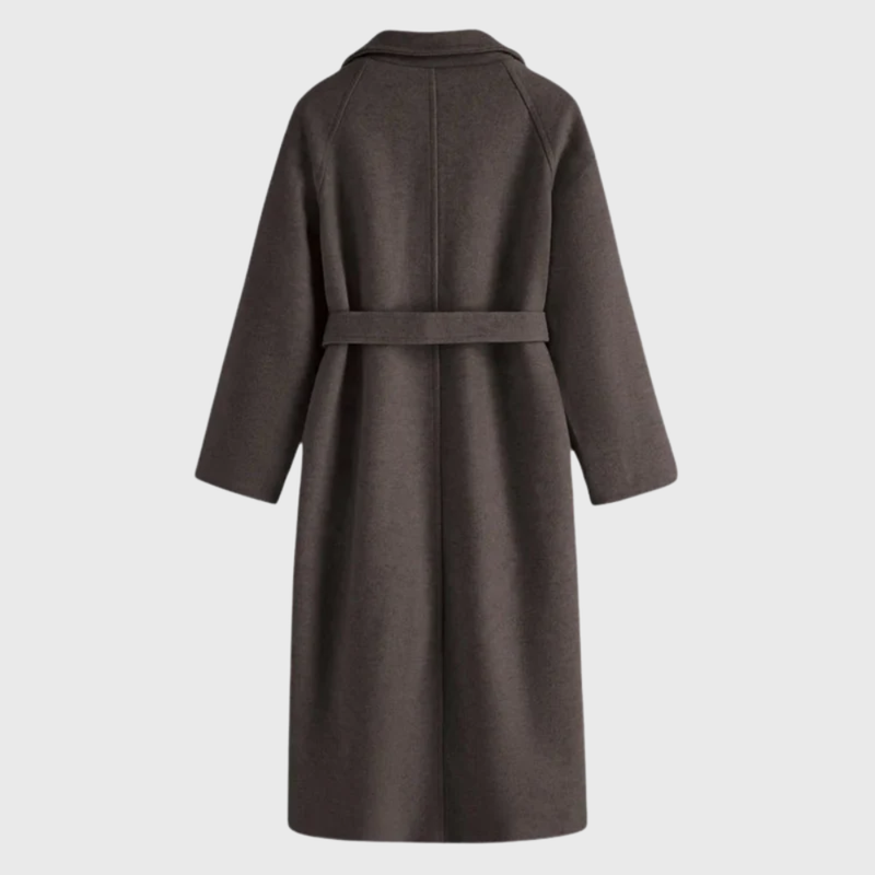 Long Wool-Look Wrap Coat for Women with Tie Belt and Wide Lapels, back view