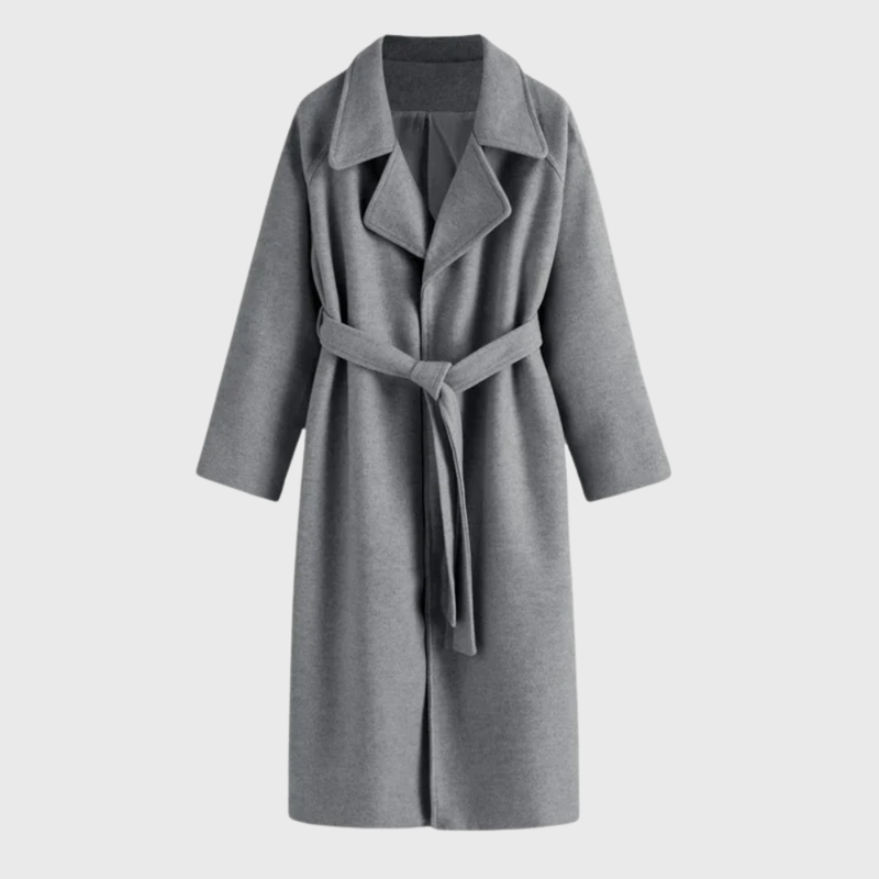 Long Wool-Look Wrap Coat for Women with Tie Belt and Wide Lapels in Gray, front view