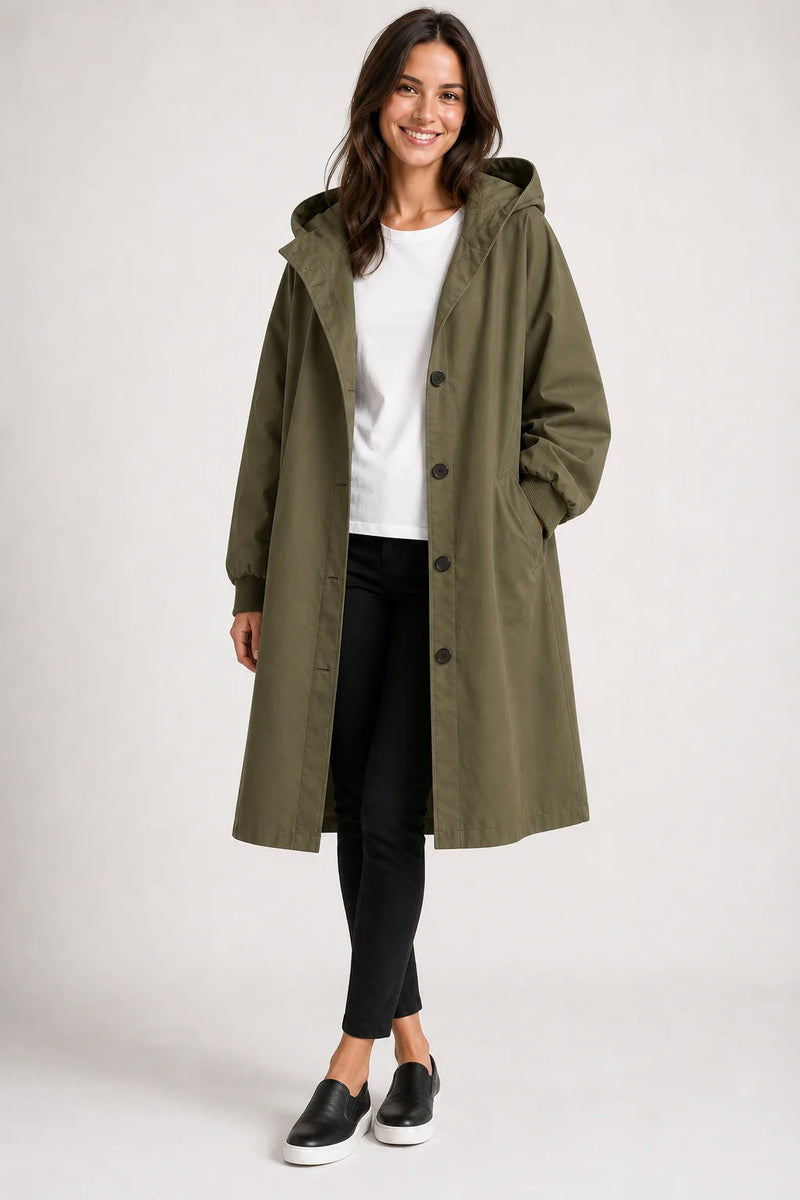 Sofaine Brooklyn hooded parka windbreaker in Olive Green, worn front