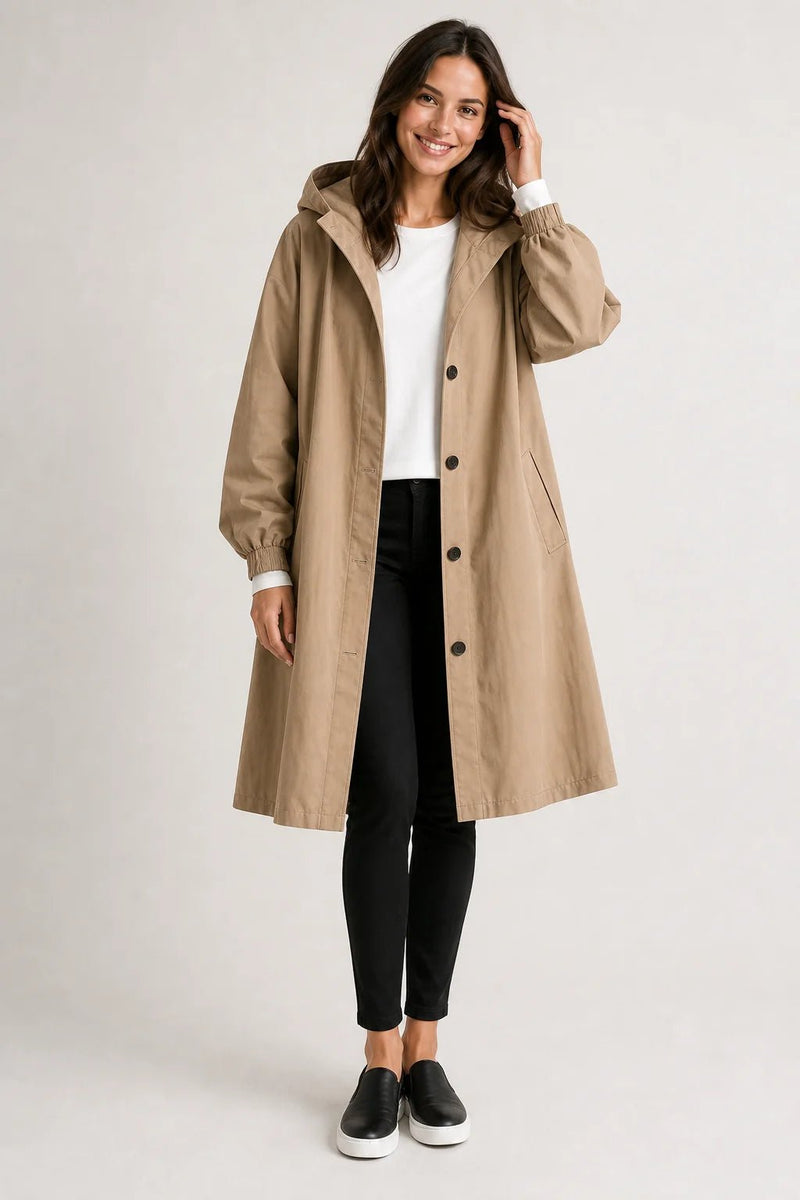 Sofaine Brooklyn long hooded windbreaker coat in warm tan, worn front view