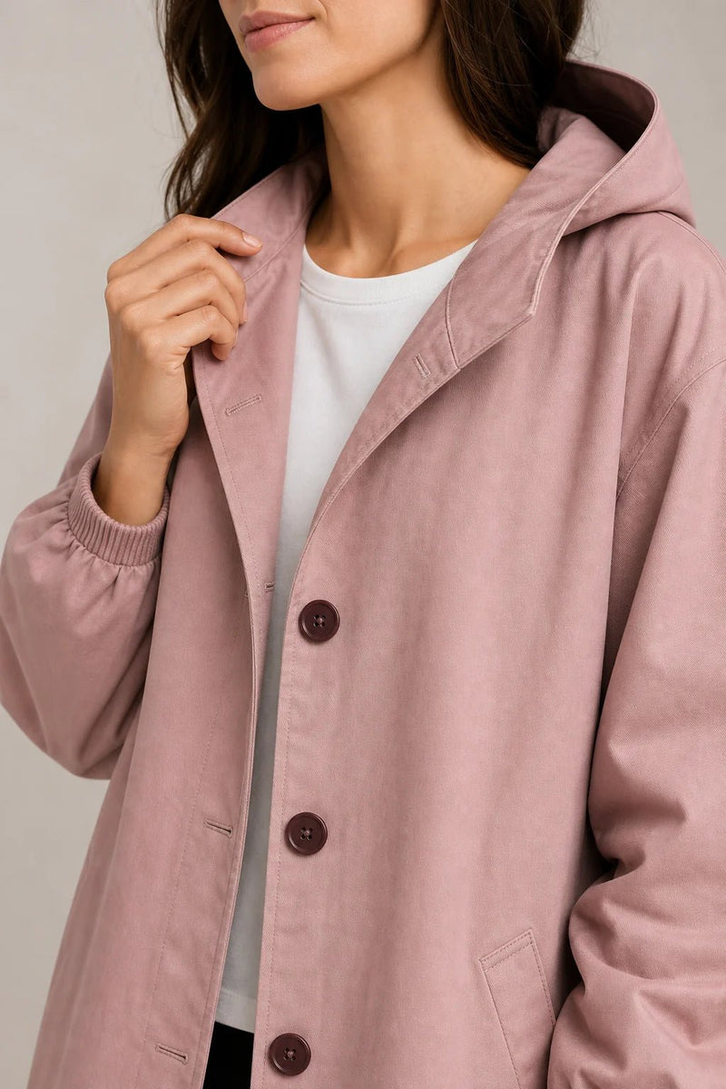 Sofaine Brooklyn hooded windbreaker in dusty pink, close-up of collar, buttons and hood